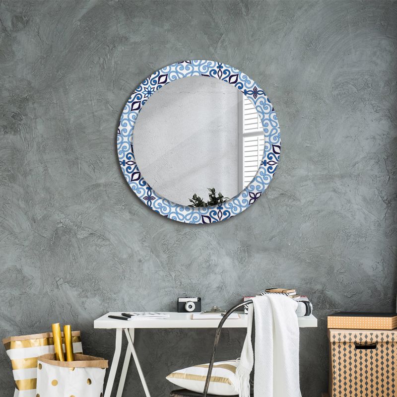 Rundt Tulup-spejl med blå arabisk mønster 70 cm kunstnerisk på hærdet glasramme, 1 stk.