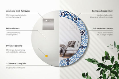 Rundt Tulup-spejl med blå arabisk mønster 70 cm kunstnerisk på hærdet glasramme, 1 stk.