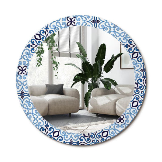 Rundt Tulup-spejl med blåt arabisk mønster 80 cm kunstnerisk på hærdet glasbund, 1 stk.
