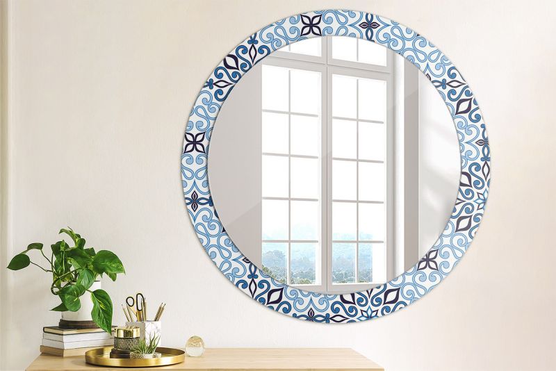 Rundt Tulup-spejl med blåt arabisk mønster 80 cm kunstnerisk på hærdet glasbund, 1 stk.