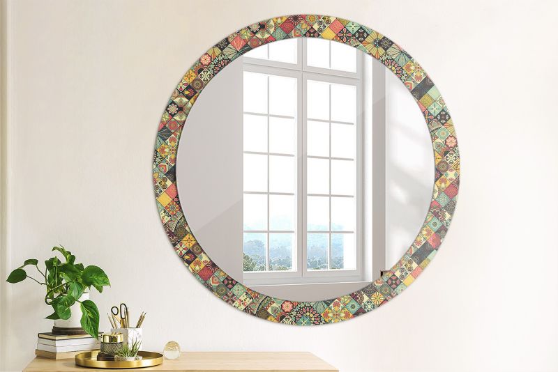 Rundt Tulup Patchwork Flisemønster Spejl 90 cm Dekorativt på Bagplade 1 stk.