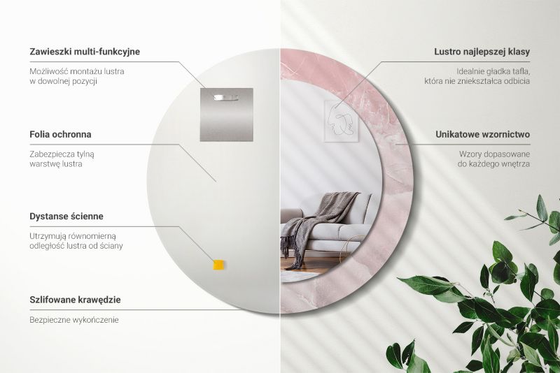 Rundt Tulup-spejl i rosa sten 100 cm på hærdet glasbund – unikt design, 1 stk.