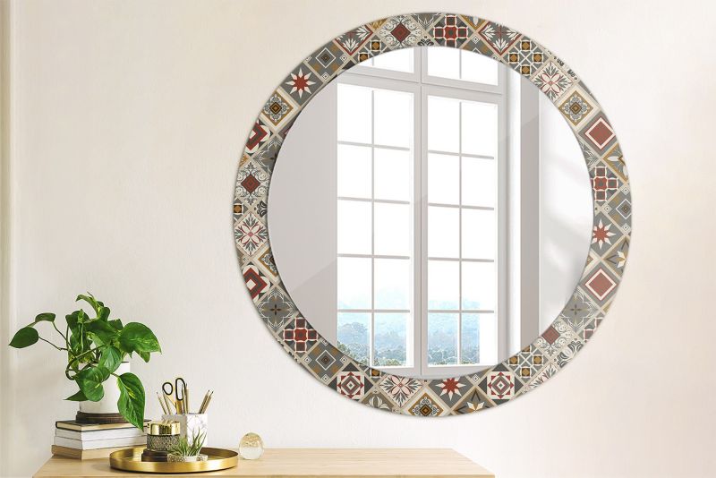 Rundt Tulup-spejl med tyrkisk mønster 80 cm kunstnerisk på hærdet glasramme 1 stk.
