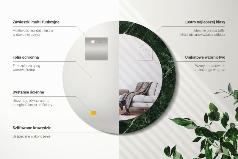 Rundt spejl Tulup grøn marmor 90 cm elegant med bagplade 1 stk.