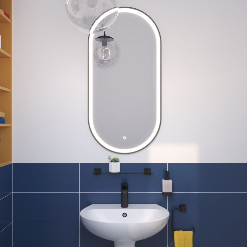 Ovalt Spejl med LED-lys 50x100 cm Sort