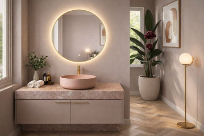Rundt LED-spejl 80 cm med baggrundsbelysning, gylden ramme, touch-kontakt og varmefolie