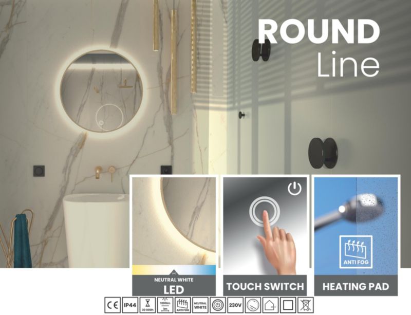 Rundt LED-spejl 80 cm med baggrundsbelysning, gylden ramme, touch-kontakt og varmefolie