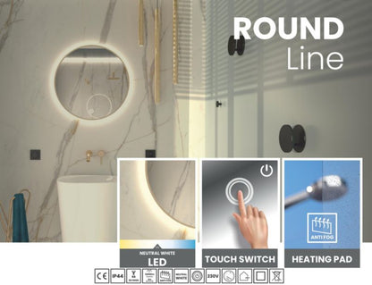 Rundt LED-spejl 80 cm med baggrundsbelysning, gylden ramme, touch-kontakt og varmefolie