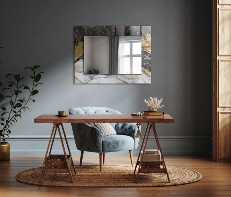 Rektangulært spejl Tulup marmor abstraktion 80x60 cm på bagplade, 1 stk.