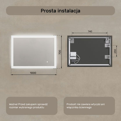 Rektangulært LED-spejl 100x70 cm med Touch Betjening
