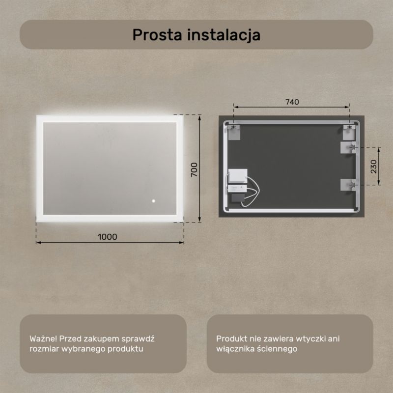 Rektangulært LED-spejl 100x70 cm med Touch Betjening
