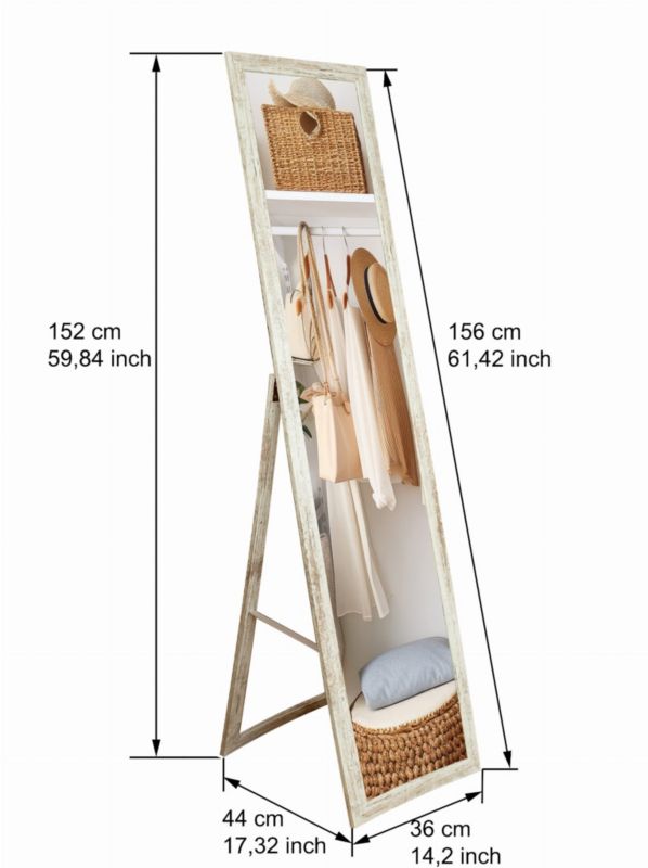 Stående spejl BD art til garderobe i skandinavisk stil 155 x 35,8 cm blegnet fyrretræ 1 stk.