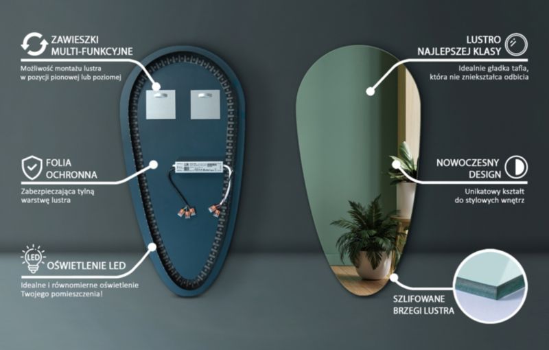 Tulup uregelmæssigt LED-spejl koldt 50x100 cm stort med belysning 1 stk.