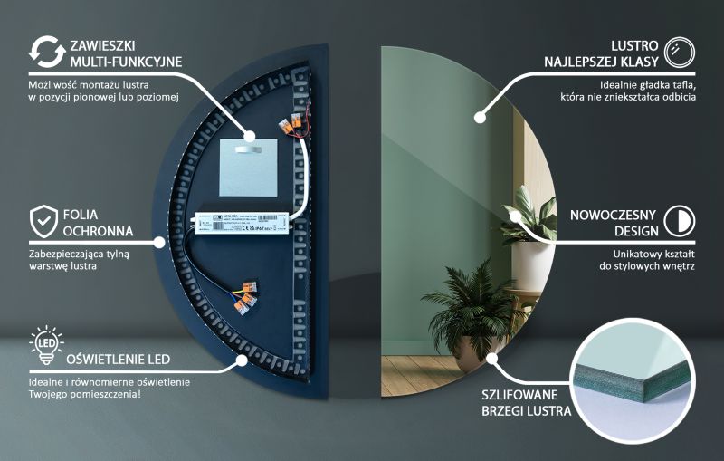 Tulup halvrundt spejl 40x80 cm med neutralt LED-lys, 1 stk.