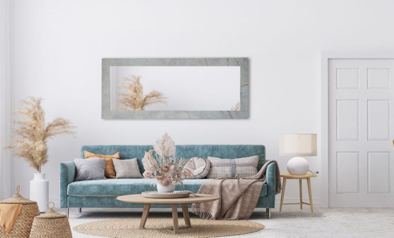 BD art hængespejl i dekorativ ramme 150x50 cm i betongrå og guld til stue og soveværelse, 1 stk.