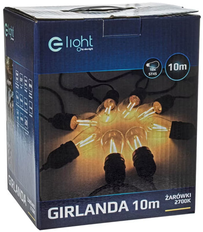 Lyskæde 10 m IP44 med 10x E27 Filamentpærer Sort