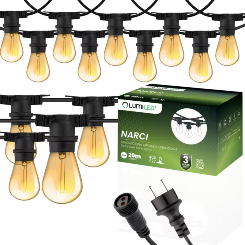 Lyskæde Udendørs 20 m Sort med 20x E27 LED