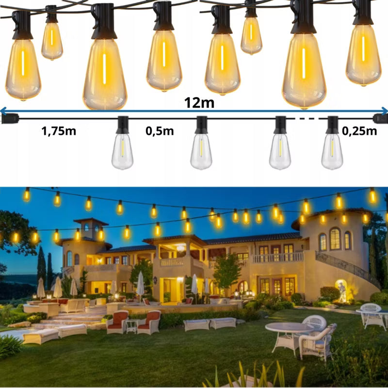 Lyskæde Udendørs LED 12 m 20 Pærer IP65 Varm Hvid