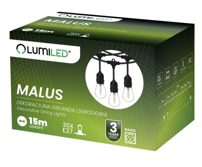 Lyskæde Udendørs MALUS 15m 30xE27 Sort IP44