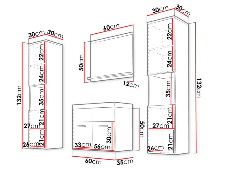 Badeværelsessæt Montreal XL Hvid/Hvid Højglans 60x132x30 cm