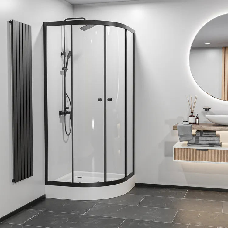 Halvrund brusekabine 80x80 cm mat sort med lav bund – Arkell