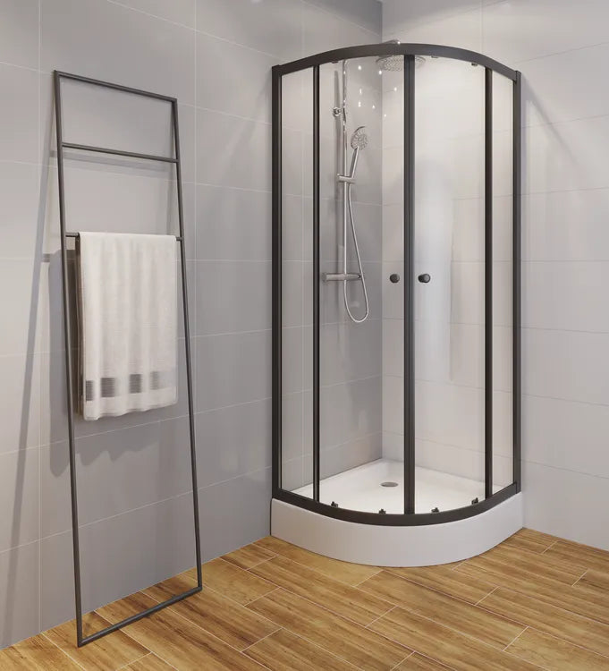 Halvrund brusekabine 80x80 cm mat sort med lav bund – Arkell