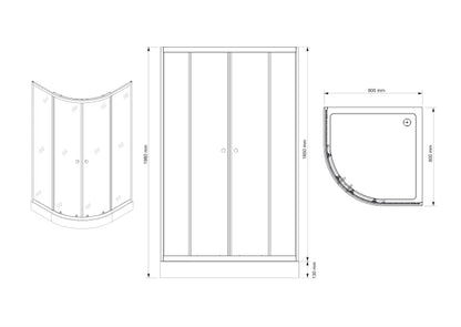 Halvrund brusekabine 80x80 cm mat sort med lav bund – Arkell
