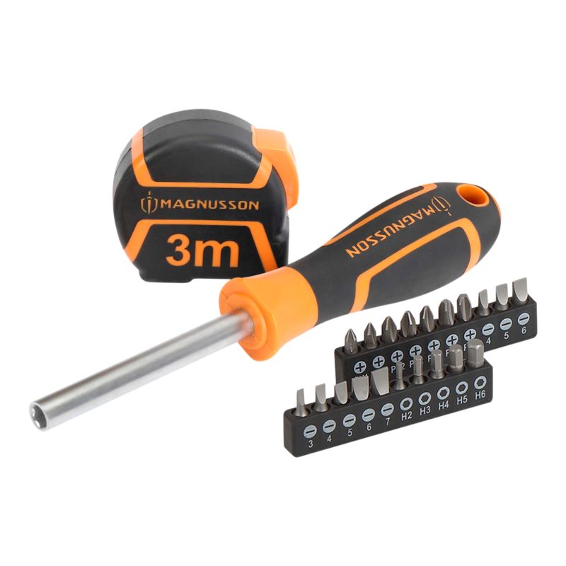 Magnusson sammenklappelig målebånd og skruetrækker med bits