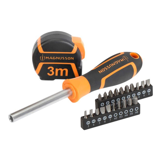 Magnusson sammenklappelig målebånd og skruetrækker med bits