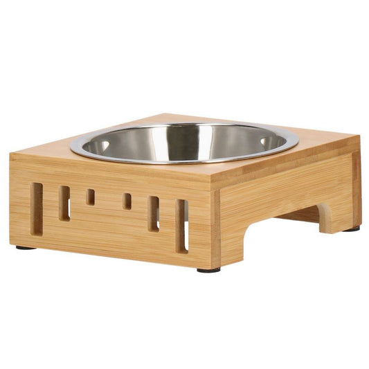 Springos metalskål til hund og kat med skridsikker bambusbase, sølv, 1 stk.