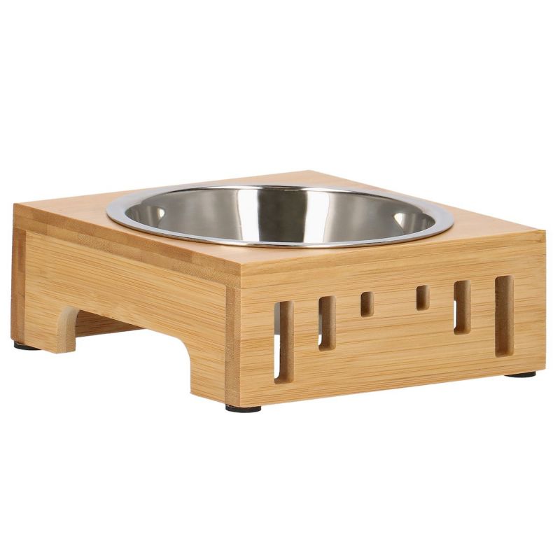 Springos metalskål til hund og kat med skridsikker bambusbase, sølv, 1 stk.