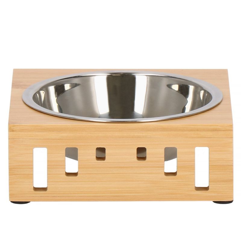 Springos metalskål til hund og kat med skridsikker bambusbase, sølv, 1 stk.