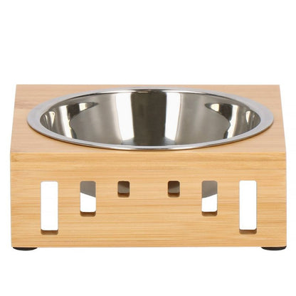 Springos metalskål til hund og kat med skridsikker bambusbase, sølv, 1 stk.