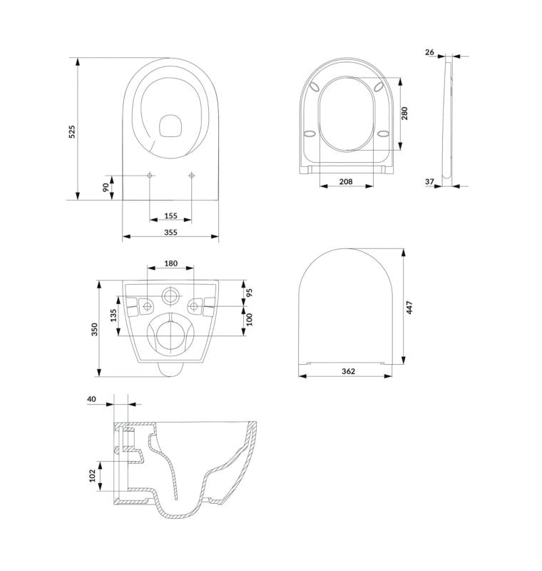 Væghængt Toilet Oval Vortex Hvid med Lydsvag Sæde 35,5x52,5 cm