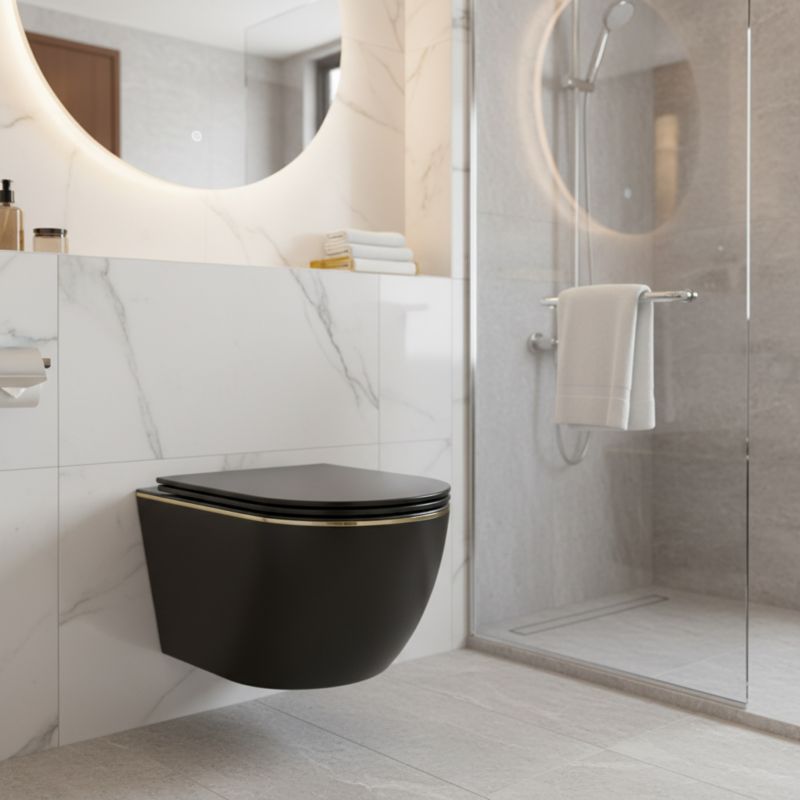 Væghængt Toilet Corciano Clarity Midnight Gold Mat Sort med Gulddetalje 49 cm