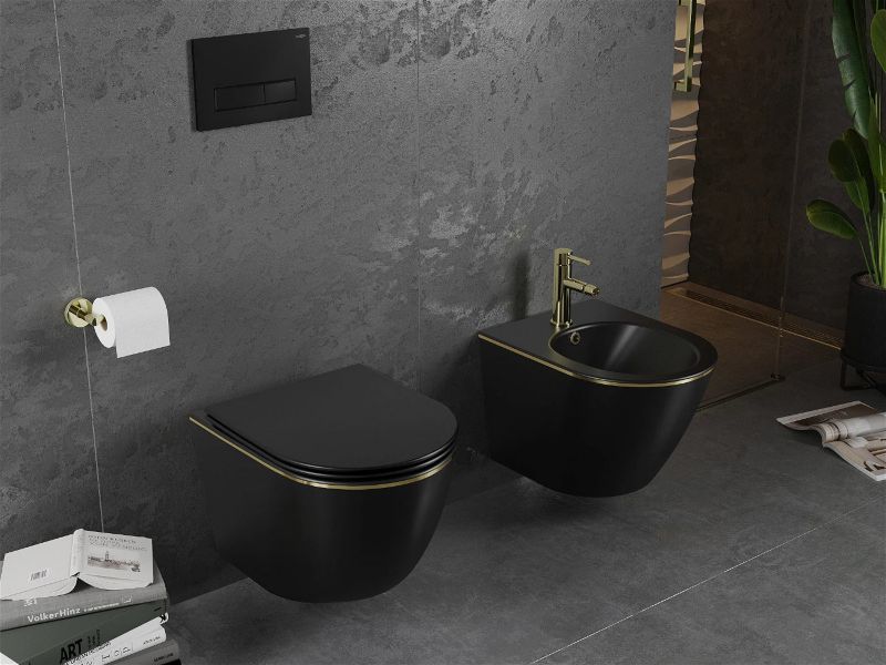 Væghængt Toilet Corciano Clarity Midnight Gold Mat Sort med Gulddetalje 49 cm