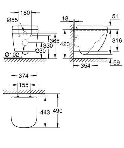 Væghængt Toilet Hvid med Spiral Skyl 3/5 L og Låg med Dæmpet Lukning 39 206 000