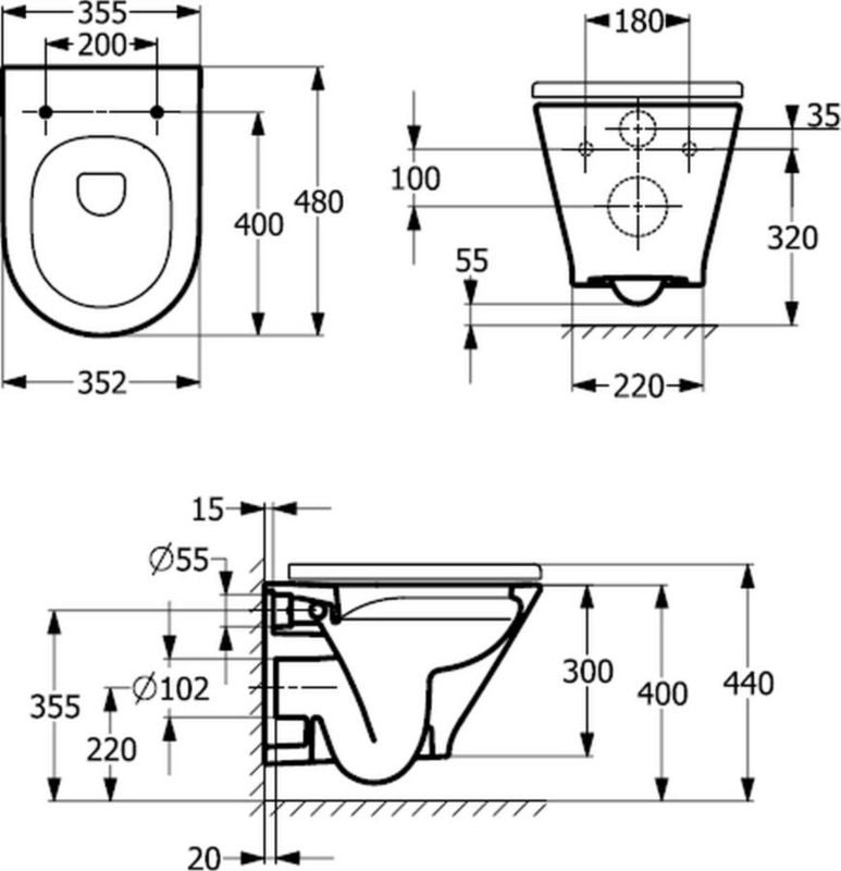 Væghængt Toilet Rundt Rimless Hvid 35,5x48 cm