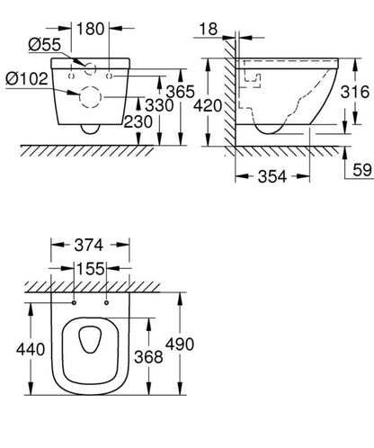 Væghængt Toilet Keramik Hvid Uden Krans 49 cm