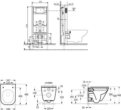 Væghængt Toilet med Sæde og Stel Rimless Hvid 1 stk.