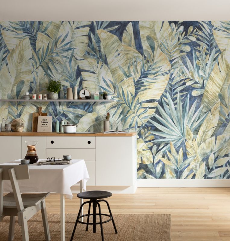 GoodHome Taran vinylmural på nonwoven med blå planteprint