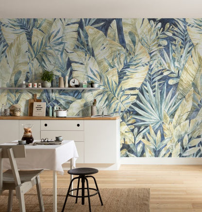 GoodHome Taran vinylmural på nonwoven med blå planteprint