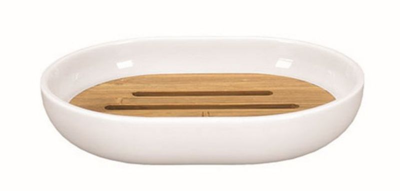 Stående sæbeskål i bambus og plast hvid perforeret 12,2 x 7 cm
