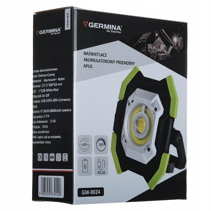 Bærbar akku-spotlight Germina 30W lille batterilampe 1 stk.