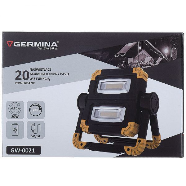 LED-projektør Germina 20W 1200 lm med 5000mAh batteri og powerbank - 1 stk.