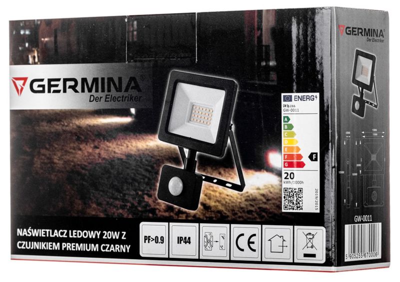LED-spot Germina 20W med bevægelsessensor, udendørslampe IP65, 1 stk.