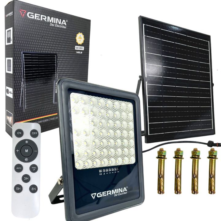 Solar LED-projektør Germina 300W IP65 med fjernbetjening – komplet sæt