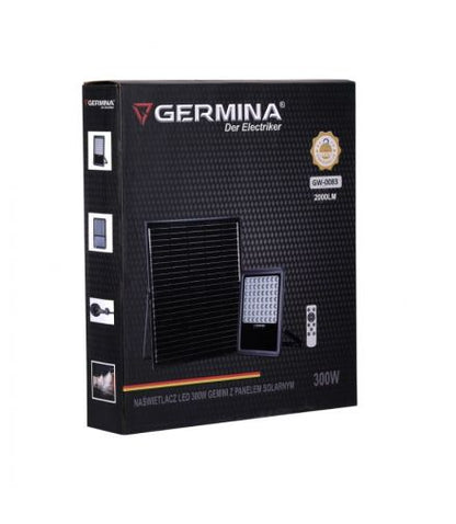 Solar LED-projektør Germina 300W IP65 med fjernbetjening – komplet sæt