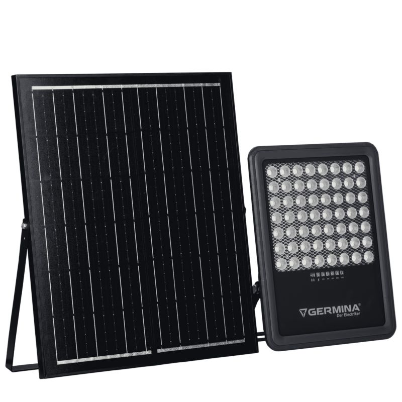 Solar LED-projektør Germina 300W IP65 med fjernbetjening – komplet sæt