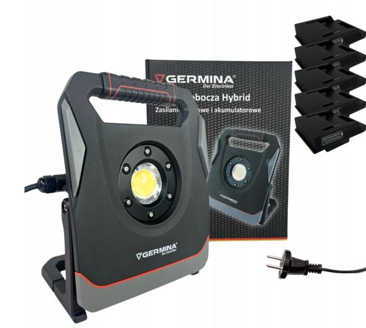 LED-arbejdslampe Germina 2-i-1 til batteri eller strøm 65W + adaptere til Bosch, Metabo, Makita, Milwaukee, DeWalt, Stanley, 1 stk.